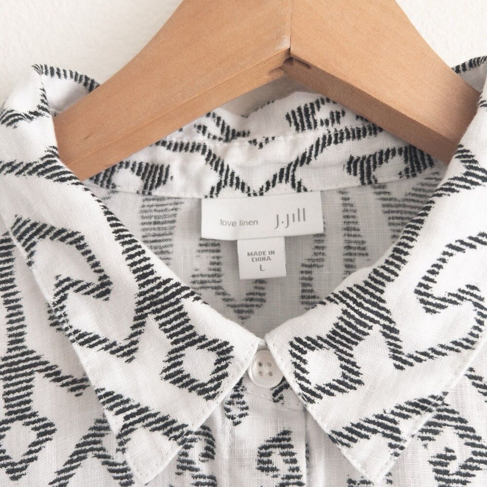 J Jill Love Linen White & Black Patterned Button Up Size L Coastal Lagenlook - Picture 3 of 12
